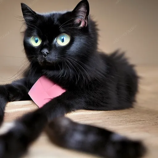 Prompt: Cute black haired young cat with long hair, rolling in happiness