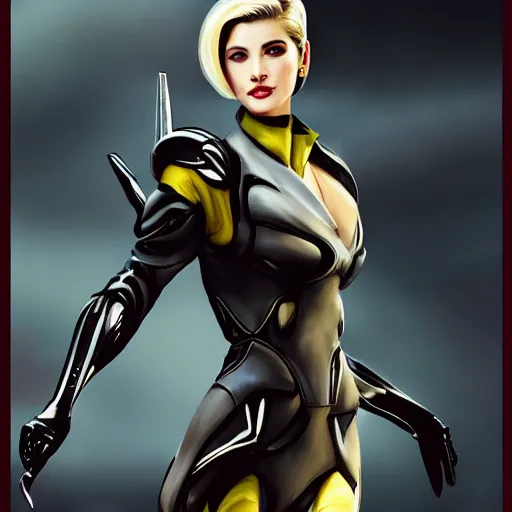 Image similar to A combination of Ada Wong's and Grace Kelly's and Ashley Greene's appearances with blonde hair wearing Interceptor's armor from Anthem, high tech, action shot, angular, full body portrait, futuristic, dramatic, fantasy, intricate, elegant, highly detailed, artstation, matte, sharp focus, 8K, art by Donato Giancola and James Gurney