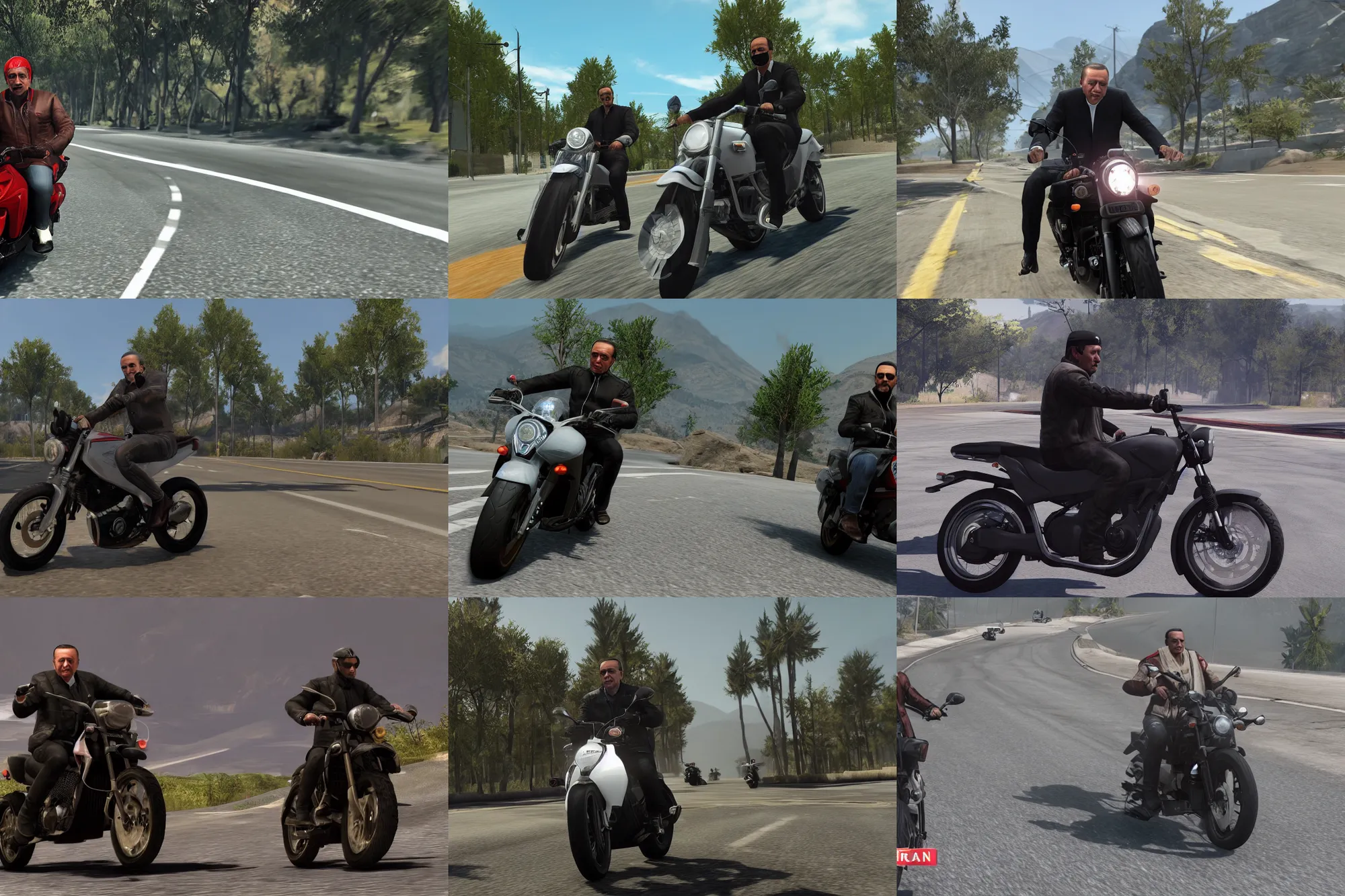 Prompt: tayyip erdogan riding a motorcycle in an open world game, hyperralistic, unreal engine, 8 k, raytracing, subsurface scattering