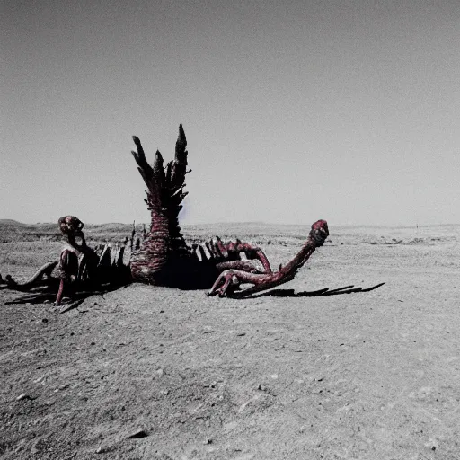 Prompt: in the desert a bloody horrifying The Thing creature made of muscle and bone and blood, mid day, 35mm photography, realistic,