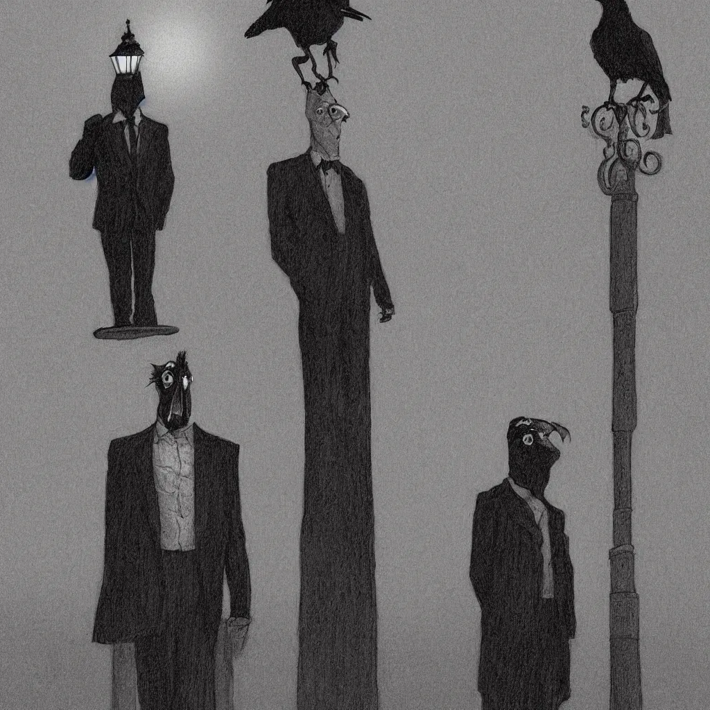 Prompt: a highly detailed portrait of a man wearing a suit and a raven mask standing in the middle of a street illuminated by a lone street lamp, by gerald brom, cinematic lighting, detailed drawing