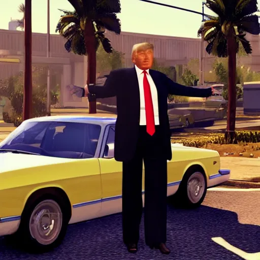 Image similar to donald trump in gta v, videogame render, 4 k, artstation