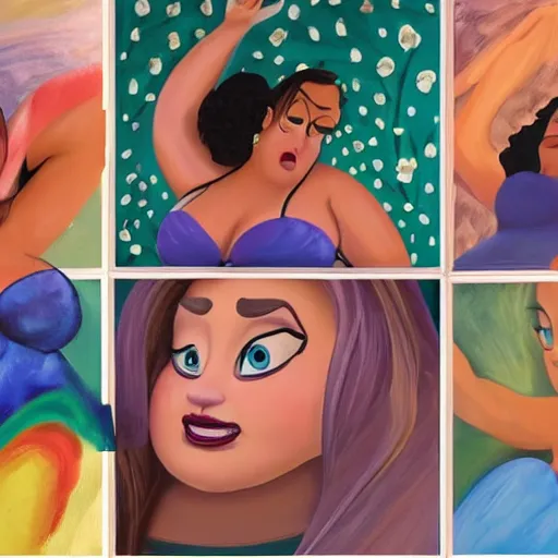 Prompt: stunning, coherent, beautiful painting, still of a group of bbw women taking a picture of each other posing in the same bed , they are all laying down , 3d, in the style of pixar, comic book cover, 3d, highly detailed, highly detailed, sharp focus, bokeh, depth of field, 16k resolution, Unreal Engine 5, coherent, cinematic lighting, photorealistic, by Zhang Jingna
