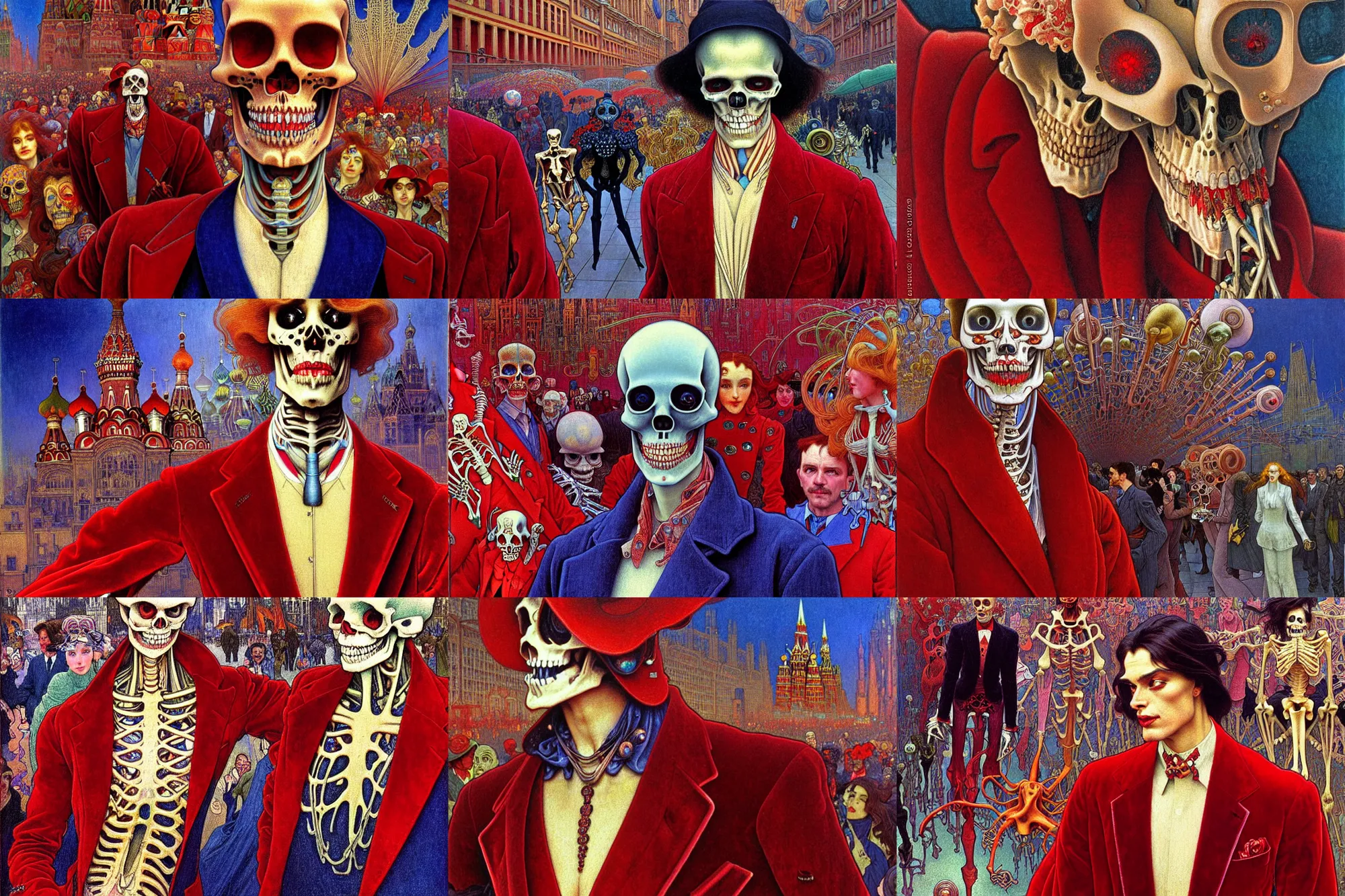 Image similar to realistic detailed closeup portrait painting of a single skeleton wearing red velvet blazer in a crowded futuristic moscow street by Jean Delville, Amano, Yves Tanguy, Alphonse Mucha, Ernst Haeckel, Edward Robert Hughes, Roger Dean, rich moody colours, blue eyes