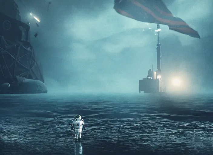 Image similar to astronaut holding a flag in an underwater desert. a submarine is visible in the distance. dark, concept art, cinematic, dramatic, atmospheric, 8 k, trending on artstation, blue, fish, low visibility, fog, ocean floor, christopher nolan, interstellar