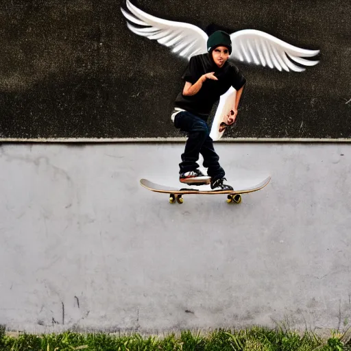 Image similar to young skateboarder with Angel wings kickflip background the sky