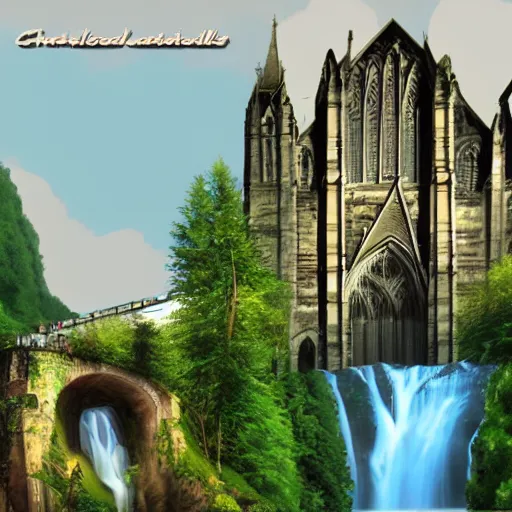 Image similar to a old chatedral and waterfalls, retrowave art, trending on art station