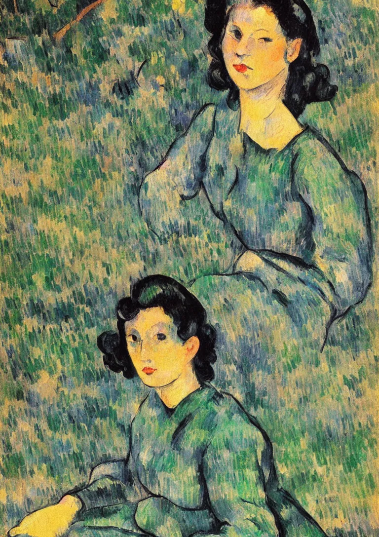 Prompt: a portrait of a young woman from the fifties, seated in front of a landscape background, her black hair is a long curly, she wears a dark green dress pleated in the front with yellow sleeves, puts her right hand on her left hand, post - impressionism, cezanne, gaugin, van gogh, seurat