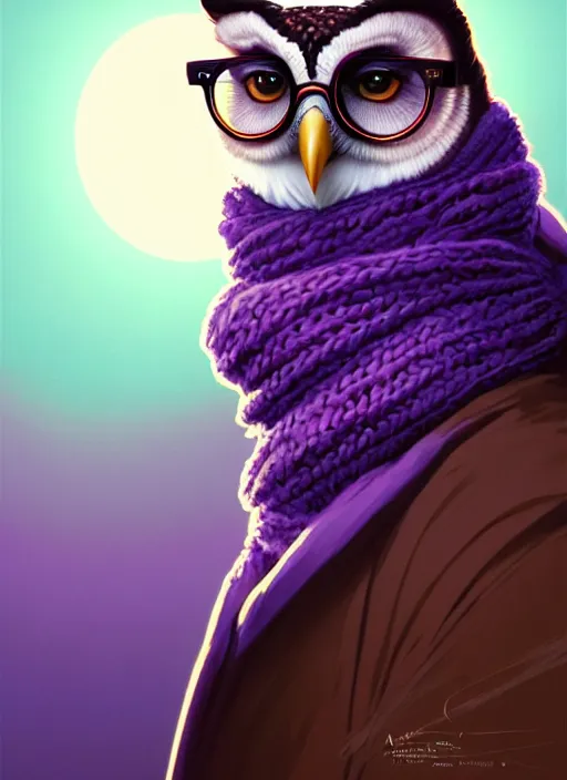 Prompt: a portrait of a stern owl wearing horn rimmed glasses and wearing a long knit purple scarf wrapped around his neck. matte painting concept art, art nouveau, beautifully backlit, swirly vibrant color lines, fantastically gaudy, aesthetic octane render, 8 k hd resolution, by ilya kuvshinov and cushart krent and gilleard james