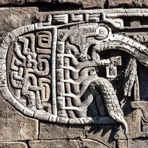 Prompt: a giant quetzalcoatl snake god that inhabits the ancient aztec ruins