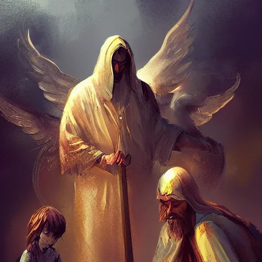 Image similar to angels protecting a praying man, by Taras Susak, Trending on artstation, deviantart