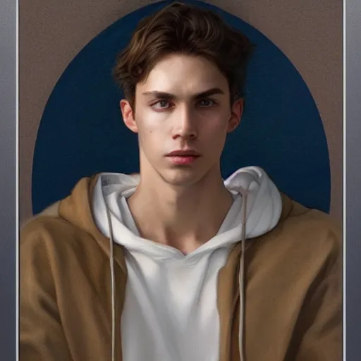 Image similar to ultra realistic illustration, a young man in a white hood, with brown hair, with blue eyes, intricate, elegant, highly detailed, digital painting, artstation, concept art, smooth, sharp focus, illustration, art by artgerm and greg rutkowski and alphonse mucha