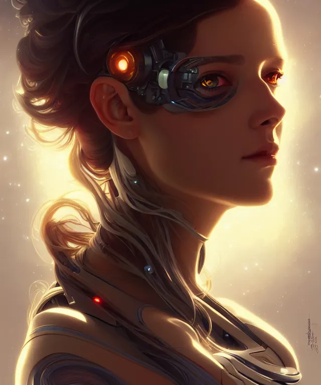 Image similar to futuristic space woman portrait, sci-fi, amber eyes, face, long hair, fantasy, intricate, elegant, highly detailed, digital painting, artstation, concept art, smooth, sharp focus, illustration, art by artgerm and greg rutkowski and alphonse mucha