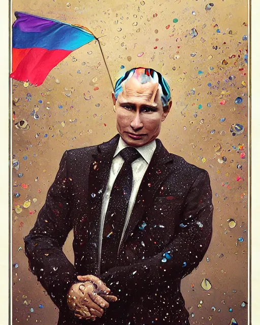 Prompt: a highly detailed portrait of Vladimir Putin holding gay pride flag, intricate, digital painting, old english, raining, sepia, particles floating, whimsical background by marc simonetti, art by artgerm and greg rutkowski and alphonse mucha