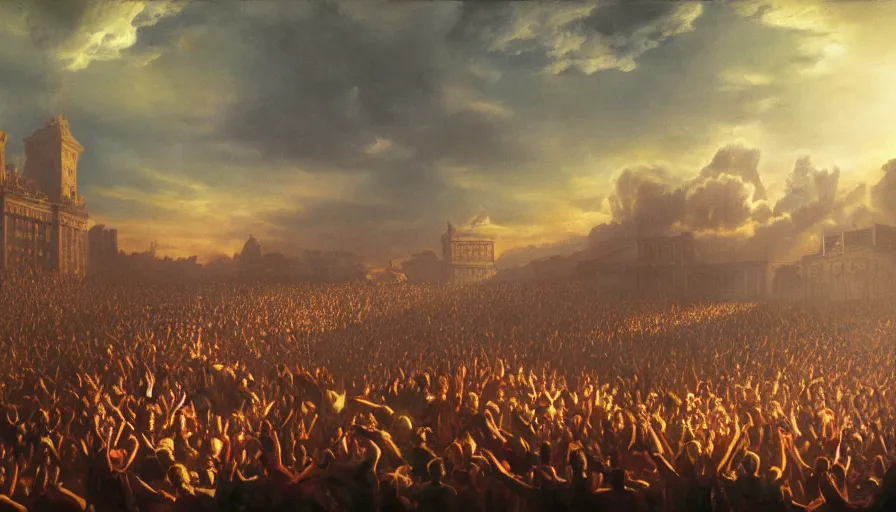 Image similar to painting of a crowd with raised arms pointing towards a glowing sky, volumetric lighting, nasty, hyperdetailed, realistic