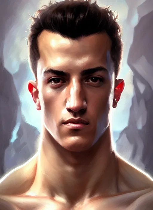 Image similar to portrait of aggressive lucas vazquez, d & d, muscular! white, fantasy, intricate, elegant, highly detailed, digital painting, artstation, concept art, smooth, sharp focus, illustration, art by artgerm and greg rutkowski and alphonse mucha