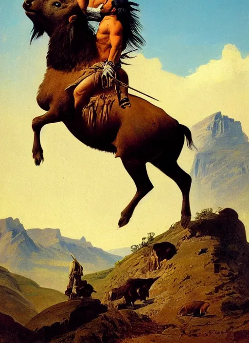 Image similar to beautiful native american riding bison, buffalo, powerful native american warrior, mountain range, beautiful sky, standing on the edge of a cliff, nineteenth century, painted by frazetta