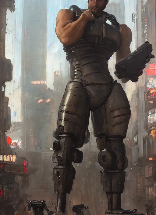 Image similar to weightlifter with super large robot arms. cyberpunk mercenary in a military vest ( blade runner 2 0 4 9, cyberpunk 2 0 7 7 ). orientalist portrait by john william waterhouse and james gurney and theodore ralli and nasreddine dinet, oil on canvas. cinematic, hyper realism, realistic proportions, dramatic lighting, high detail 4 k