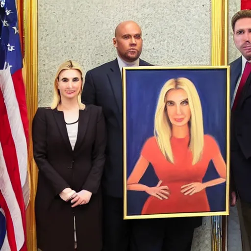 Image similar to FBI agents standing in front Donald’s trump safe in his office with a painting of Ivanka trump hanging over the safe