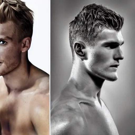 Image similar to a realistic detailed photo of a guy who is an attractive humanoid who is half robot and half humanoid, who is a male android, soccer players martin ødegaard & timo werner, shiny skin, posing like a statue, blank stare, in a living room, on display, showing off his muscles, gold soccer shorts, side view, repairing the other one