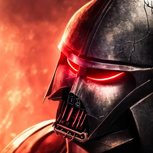 Prompt: extremely detailed depiction of an armored dark assassin warrior in a dark evil forest, blood smeared mask, glowing crimson head, crimson fire head, Ultron, speedster, Darth Vader, fantasy art, fog, heavy armor, knights armor, cinematic pose, 8k, villain