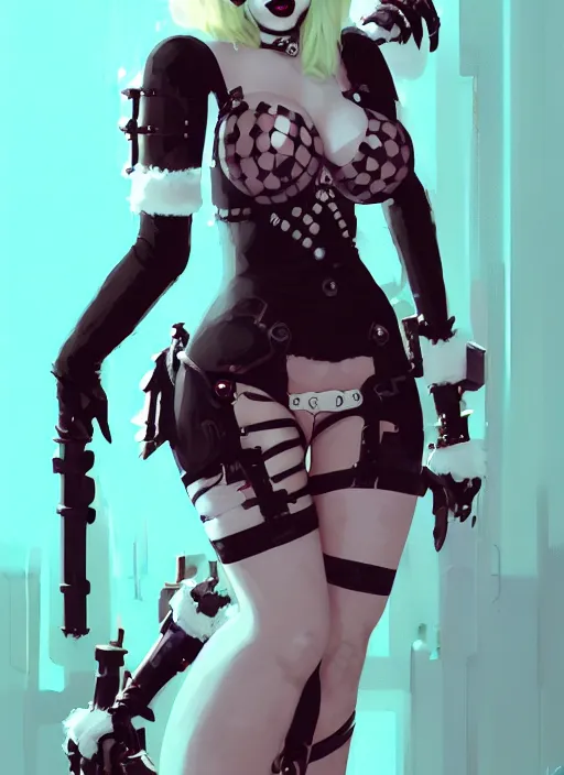 Image similar to portrait of cute goth harley quinn in cyber bikini armor, warhammer, cyberpunk, by atey ghailan, by greg rutkowski, by greg tocchini, by james gilleard, by joe fenton, by kaethe butcher, by gustav klimt, dynamic lighting, gradient light blue, brown, blonde cream and white color in scheme, grunge aesthetic