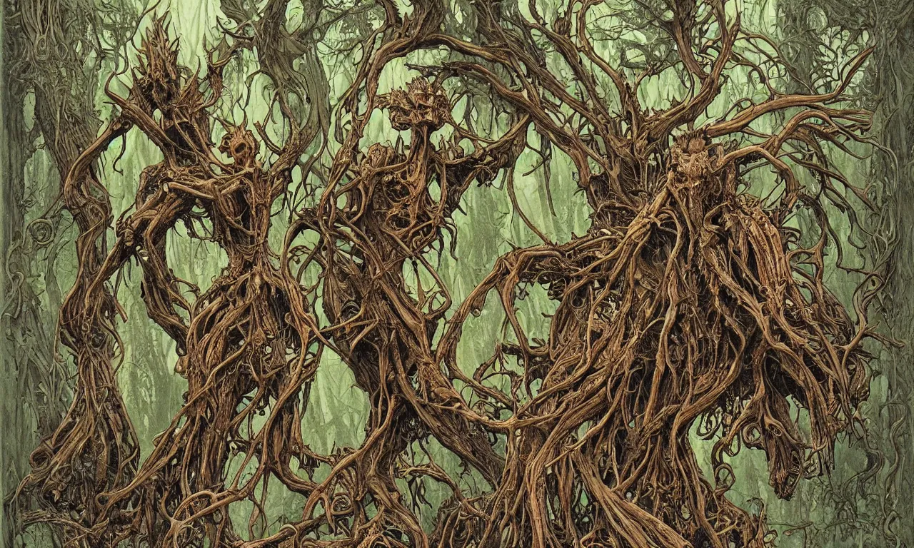 Image similar to hyperdetailed art nouveau portrait of treebeard and old groot as a cthulhu eyeball moose skull wendigo swamp thing creatures, by michael kaluta, pushead and bill sienkiewicz, photorealism, claws, skeleton, antlers, fangs, forest, wild, bizarre, scary, lynn varley, lovern kindzierski, steve oliff