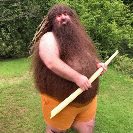 Image similar to a photo of a very hairy fat man with long hair holding a 2 0 m long yam