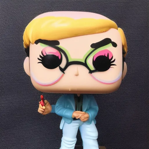 Image similar to jeffrey dahmer dragqueen funko pop, a funko pop on a table, oil painting