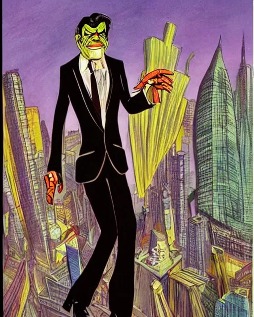 Image similar to sinister male antagonist in suit, wealthy high - rise apartment, artwork by ralph bakshi