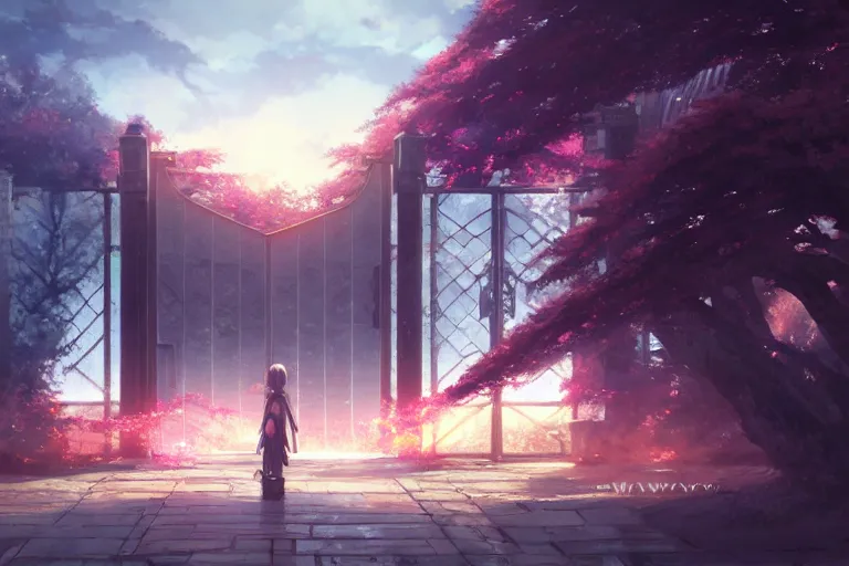 Prompt: ultra realistic, huge gate, colors, 8 k, hd, details, fantasy, epic, ancient city, landscape illustration concept art anime key visual trending pixiv fanbox by wlop and greg rutkowski and makoto shinkai and studio ghibli and kyoto animation symmetrical facial features