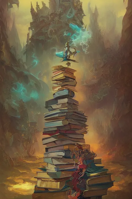 Prompt: small pile of books, fairytale, magic realism, steampunk, mysterious, vivid colors, by peter mohrbacher