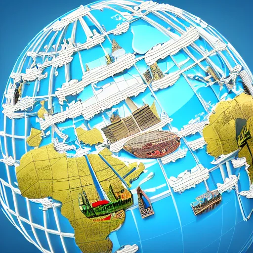 Image similar to llustration of the globe with famous tourist attractions on it in 3 d, 3 d render, smooth