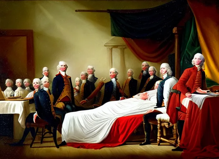 Image similar to oil painting Life of George Washington Deathbed but everyone is looking at glowing iPhones