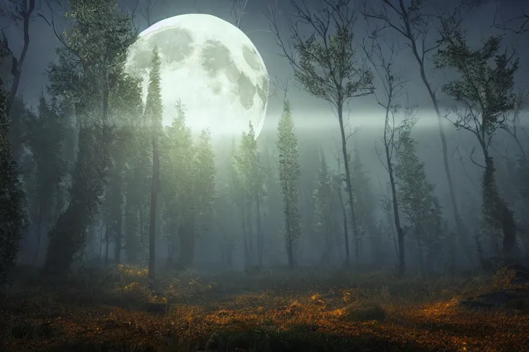 Prompt: unreal engine hyperreallistic render 8k highly detailed 4K fantasy matte painting of a spooky moonlit forest at night in october