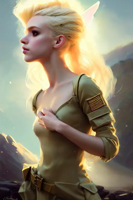 Image similar to cinematic shot of an epic portrait of a cute blonde fairy dressed in military clothes, stylised military clothes, shiny skin, beautiful eyes, beautiful, small details, night setting, realistic poster with volumetric light from craig mallism, artgerm, jeremy lipkin and michael garmash, unreal engine, radiant light, digital art, trends at art station, a masterpiece