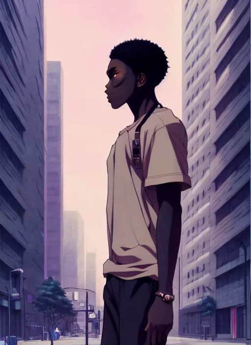 Prompt: handsome hip hop young black man in the city, model pose, sad, anime style, scenery wallpaper aesthetic, pastel colors, symmetrical face, cinematic, dramatic, super detailed and intricate, hyper realistic, 4 k render, by artgerm, by kyoung hwan kim, by ralph mcquarrie, by yoshiyuki tomino