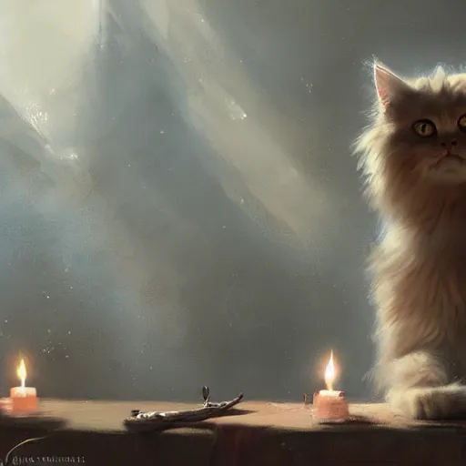 Image similar to Concept art, beautiful painting of a Ragdoll cat, shining its light among candles, 8k, james gurney, greg rutkowski, john howe, artstation