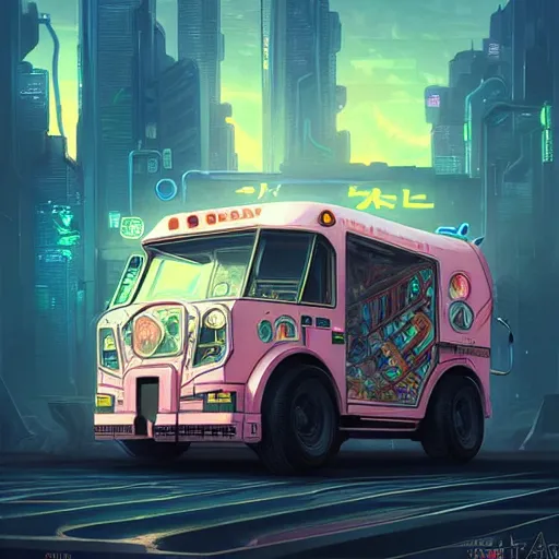 Image similar to a cyberpunk ice cream truck digital painting, intricate, elegant, highly detailed, artstation, concept art, matte, sharp focus, illustration, art by Artgerm and Greg Rutkowski and Alphonse Mucha