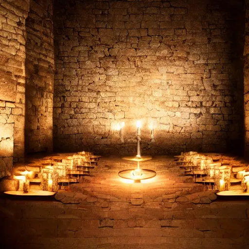 Prompt: the interior of a medieval castle with knights templar, diffused light, candles, mystical