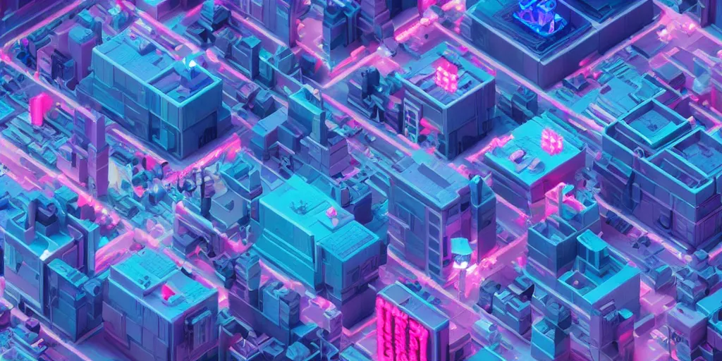 Prompt: isometric voxel art cyberpunk future city at night pink and blue c4d