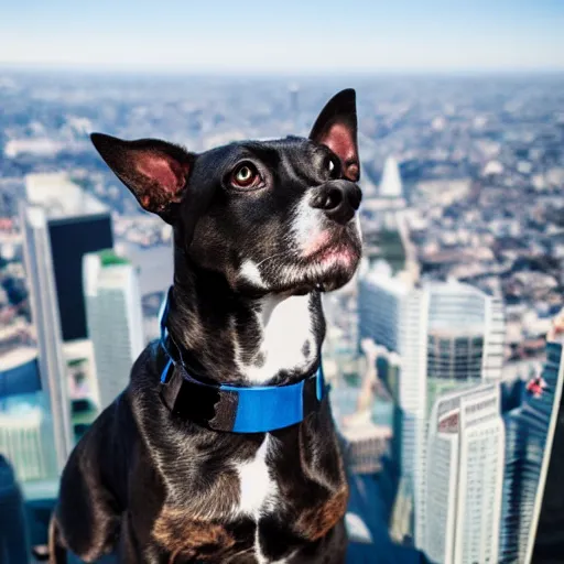 Prompt: british staff dog on top of skyscraper, photorealistic