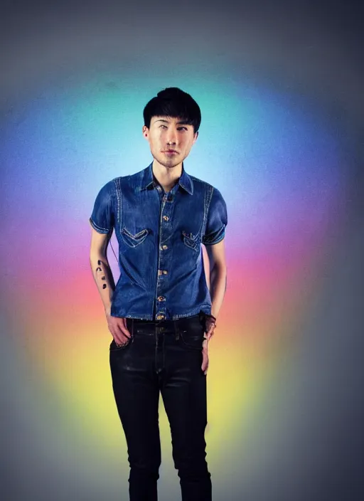 Image similar to japanese man with short hair and a beard wearing denim and leather clothes dancing next to a rainbow, full body portrait, dynamic lighting