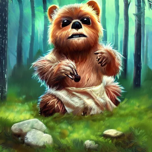 Image similar to cute ewok bathing in the forest, artstation, colorful