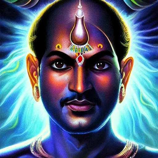 Prompt: Krishna in the style of Artgerm, Indian calendar art, 70's sci fi Film poster, style of Alex Grey Greg Rutkowski, Ridley Scott, sSteven Spielberg, Trending on Artstation, hyper realistic, hyper detailed, back light, celestial aura, atmospheric, 8K, ultra High definition, high octane, unreal engine 5, IMAX quality