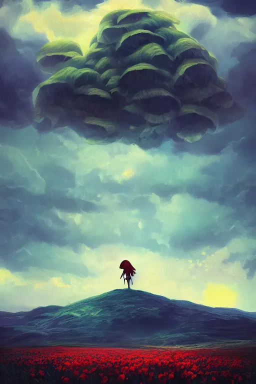 Prompt: perspective giant dahlia flower as head, girl standing on mountain, surreal photography, blue storm clouds, dramatic light, impressionist painting, digital painting, artstation, simon stalenhag