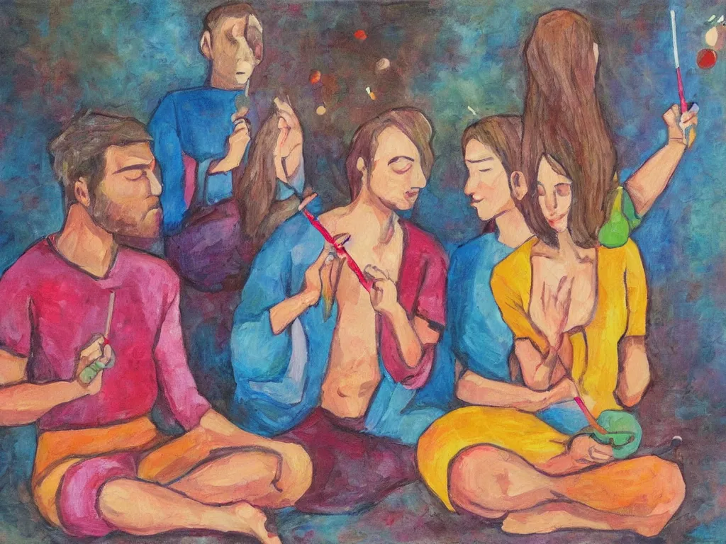 Image similar to man and woman meditating with lollipop. painting by carle eric