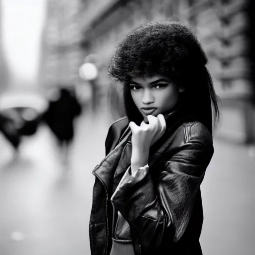 Image similar to black and white fashion photograph, highly detailed portrait of a depressed Zendaya as a drug dealer on a busy Paris street, detailed face looking into camera, eye contact, natural light, rain, mist, lomo, fashion photography, film grain, soft vignette, sigma 85mm f/1.4 1/10 sec shutter, Daren Aronofsky film still promotional image, IMAX 70mm footage