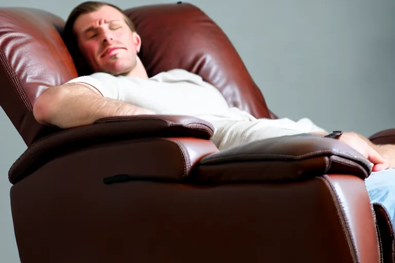 Image similar to a caucasian man relaxing on a brown reclined leather chair