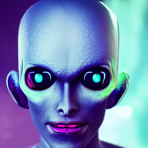 Image similar to synthwave alien face with neon tattos, detailed face, sharp focus, synthwave art, aesthetic, octane render, raw, cinematic